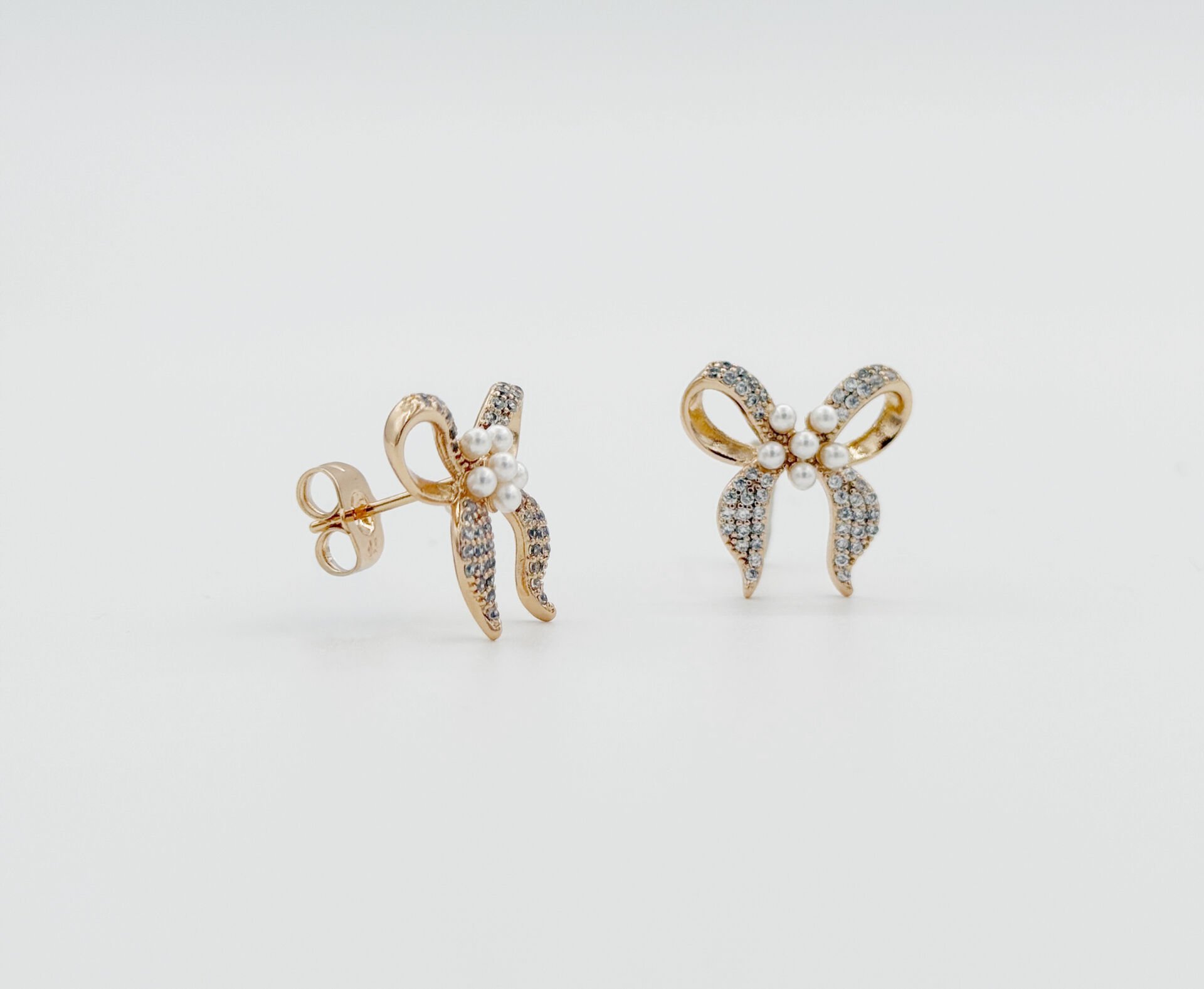 18K Rose Gold Plated Pearl Bow Stud Küpe