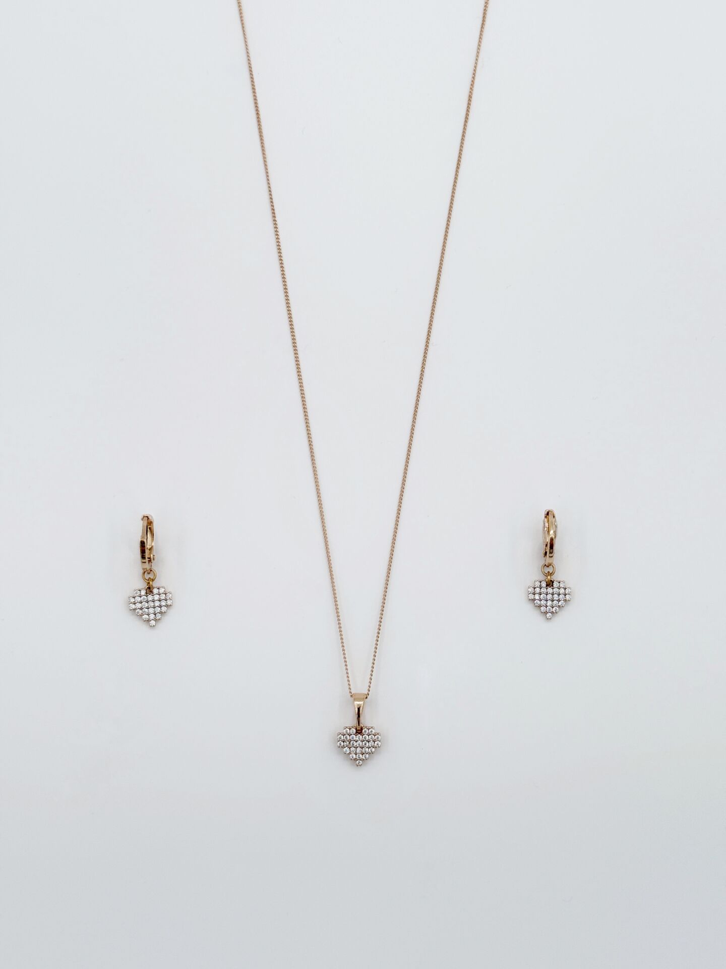 18K Rose Gold Plated Işıltılı Kalp Küpe Kolye Set