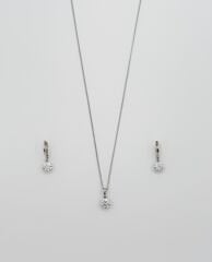 White Gold Plated Tek Taş Küpe Kolye Set