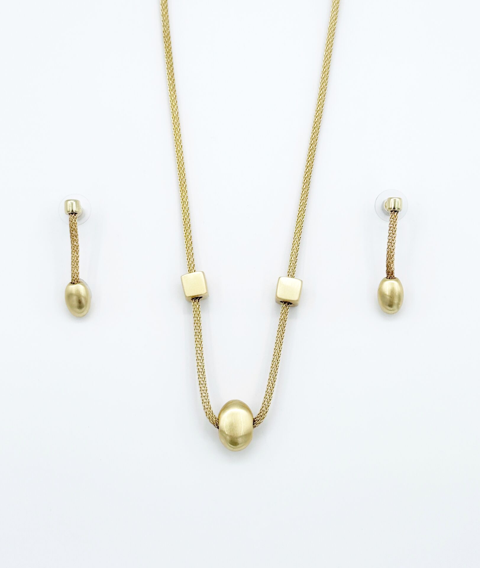 14K Gold Plated Matte Blended İtalyan Küpe Kolye Set