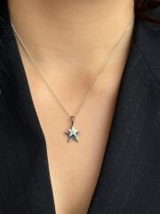 White Gold Plated Double Star Kolye