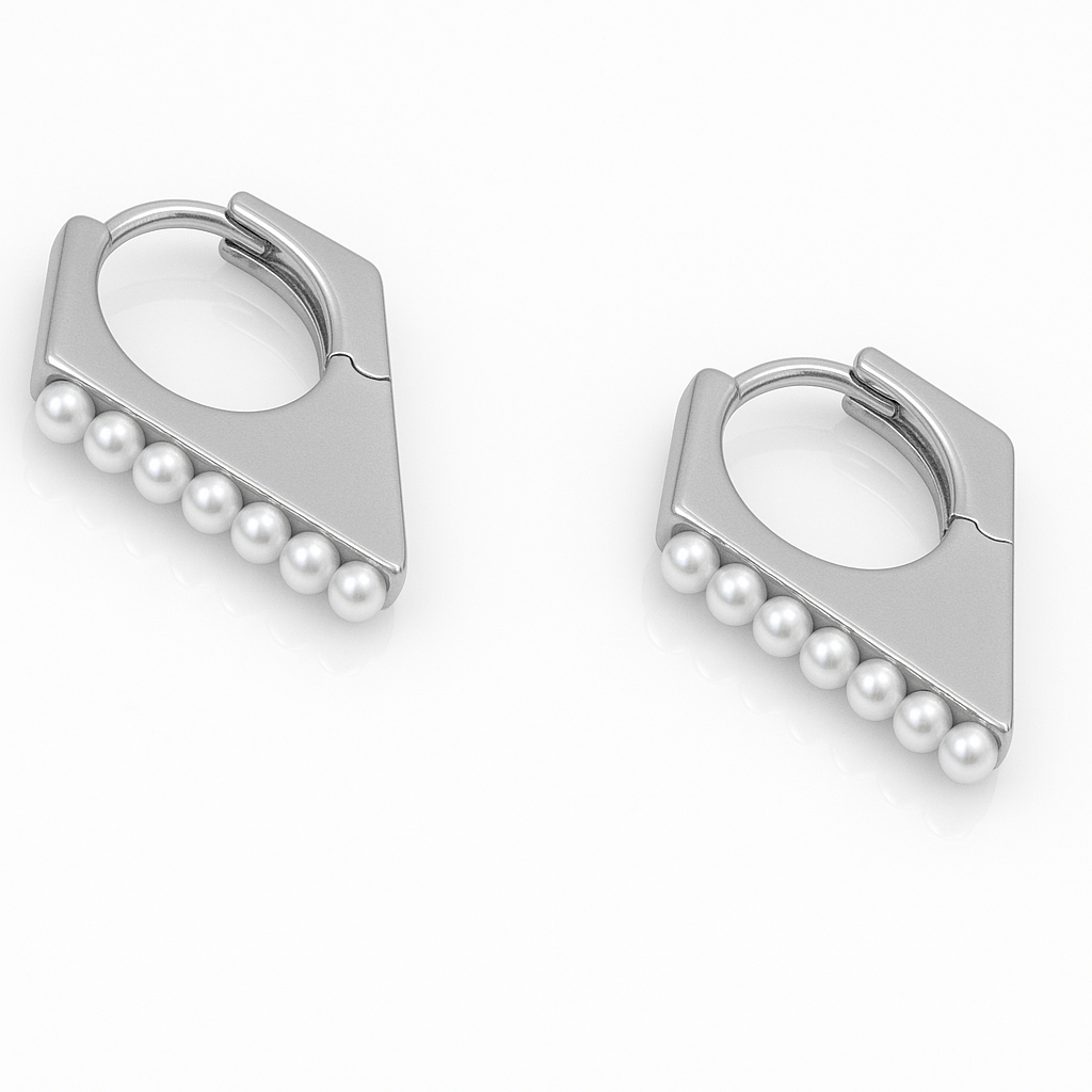 White Gold Plated V Pearl Hoop Küpe