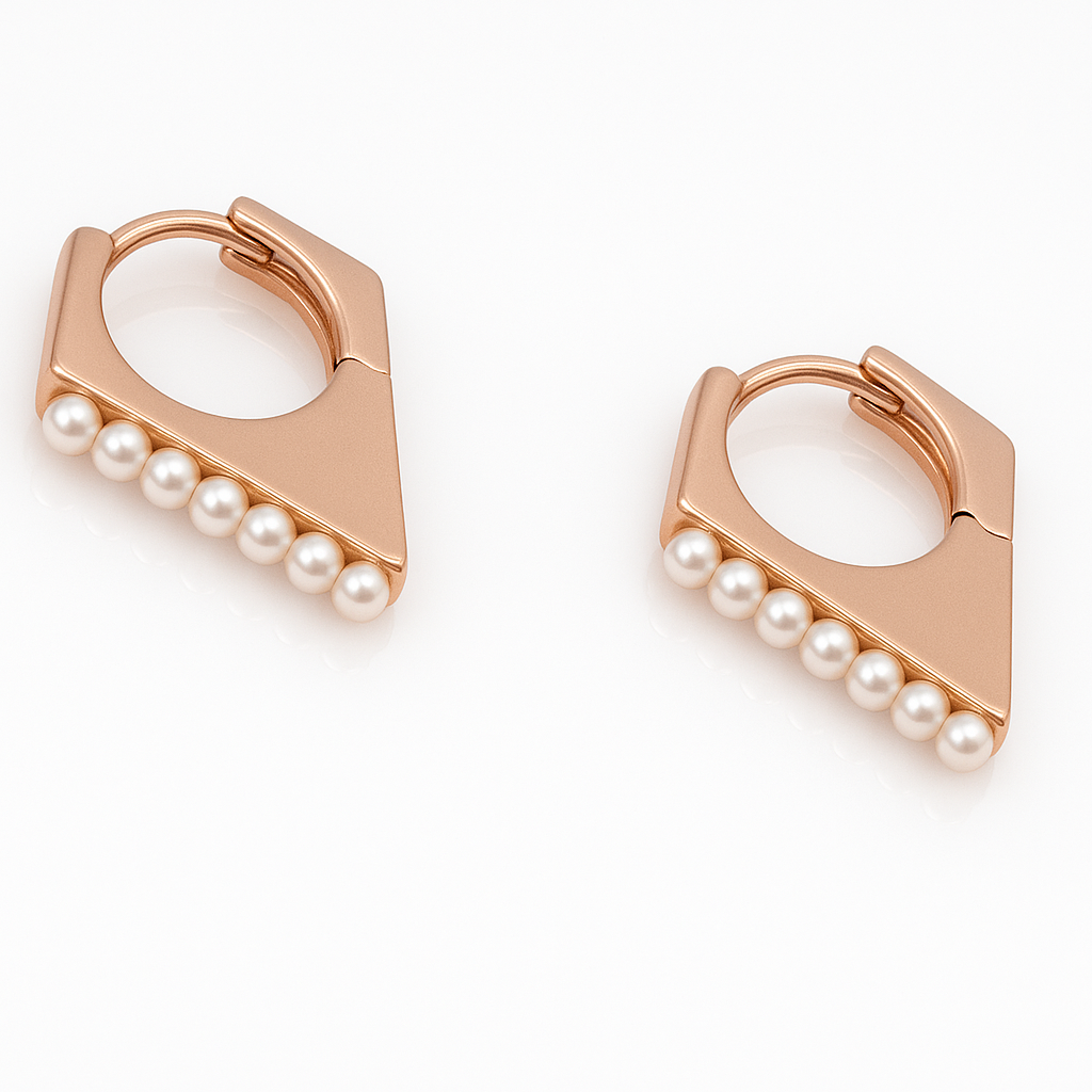 18K Rose Gold Plated V Pearl Hoop Küpe