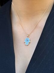 18K Rose Gold Plated Mavi Mineli Fatma Ana Eli Kolye