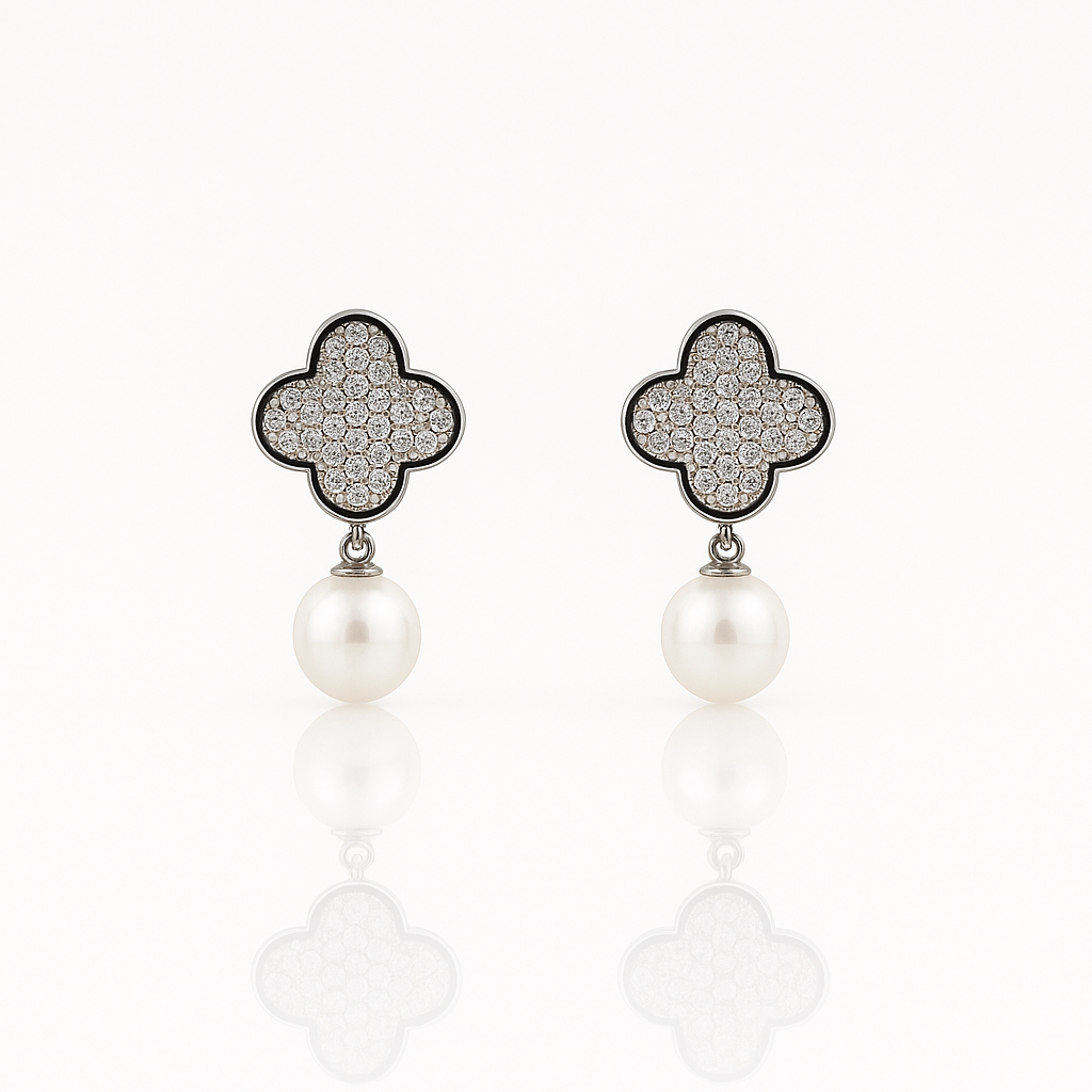 White Gold Plated Pearl Clover Drop Küpe