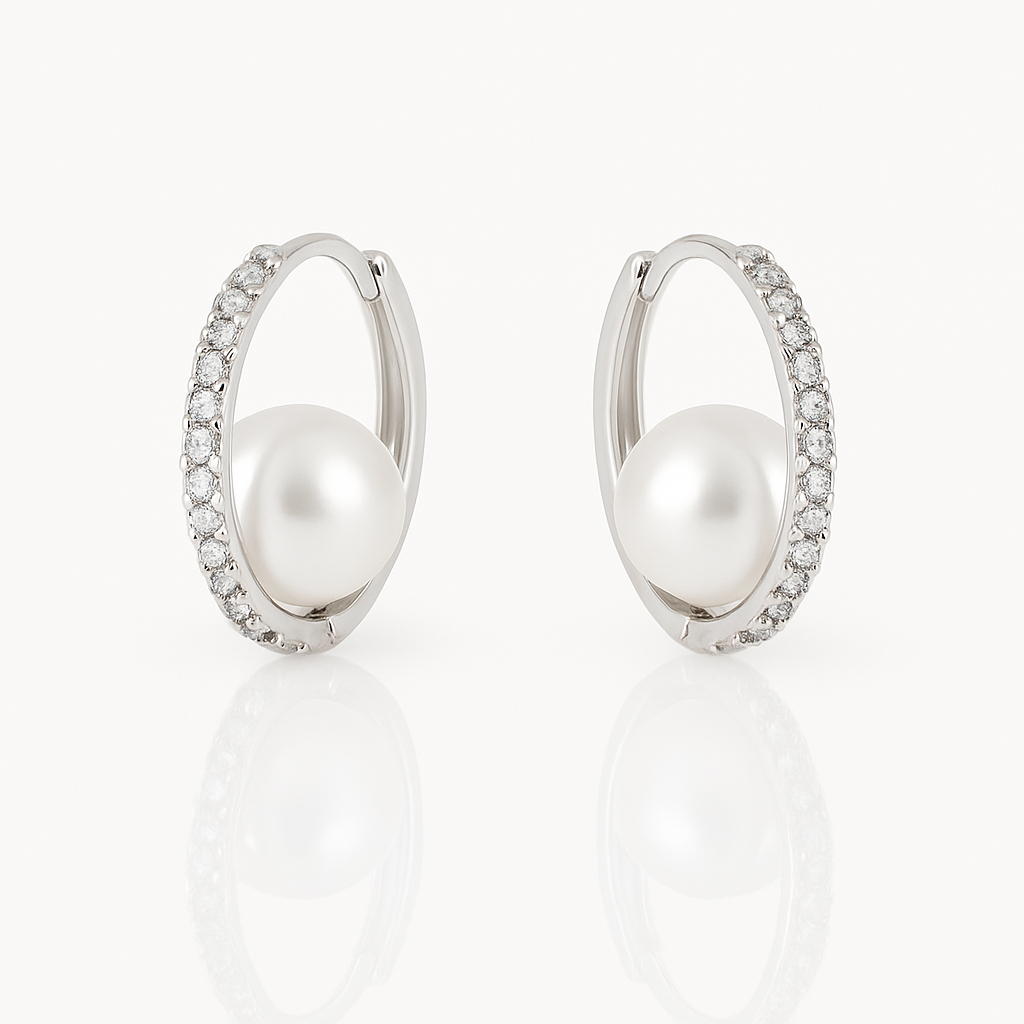 White Gold Plated Pearl Ball Hoop Küpe