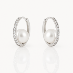 White Gold Plated Pearl Ball Hoop Küpe