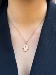 18K Rose Gold Plated Pembe Mineli Fatma Ana Eli Kolye