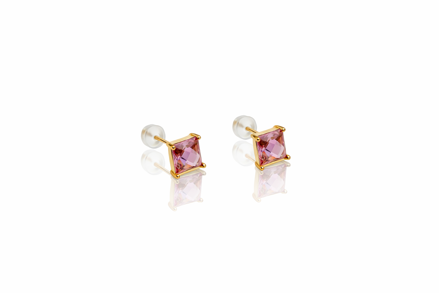 14K Gold Plated Pink Square Stud Küpe