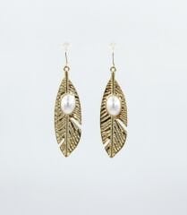 14K Gold Plated Pearl Leaf Dangle Küpe