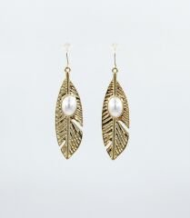 14K Gold Plated Pearl Leaf Dangle Küpe